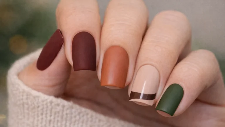 Idée ongle automne avec vernis bordeaux, brun chocolat, terracotta et vert olive finition mate et brillante