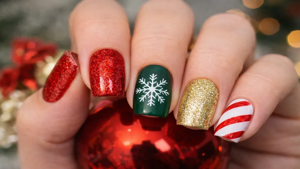 Idée ongle Noël avec vernis rouge pailleté, vert sapin, doré et motif sucre d’orge festif