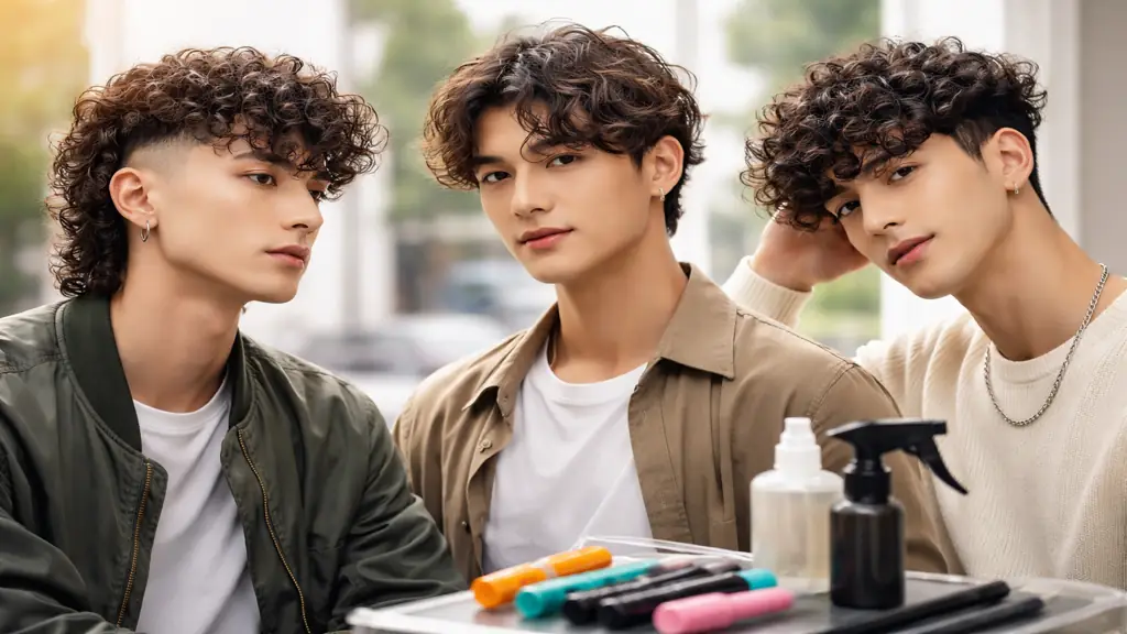 Permanente homme moderne avec boucles naturelles et volume sur cheveux mi-longs en salon de coiffure professionnel