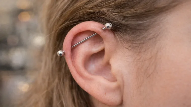 Piercing industriel au cartilage de l’oreille avec barre droite en titane traversant l’hélix supérieur