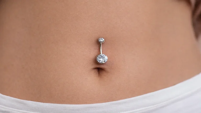 Piercing nombril avec barbell courbé en titane et strass, bijou de pose en studio professionnel