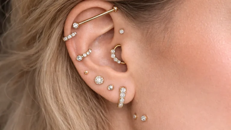 Gros plan d’une oreille avec plusieurs piercings (hélix, tragus, conch, daith, rook, lobe) et bijoux dorés sertis de pierres, rendu réaliste lumineux.