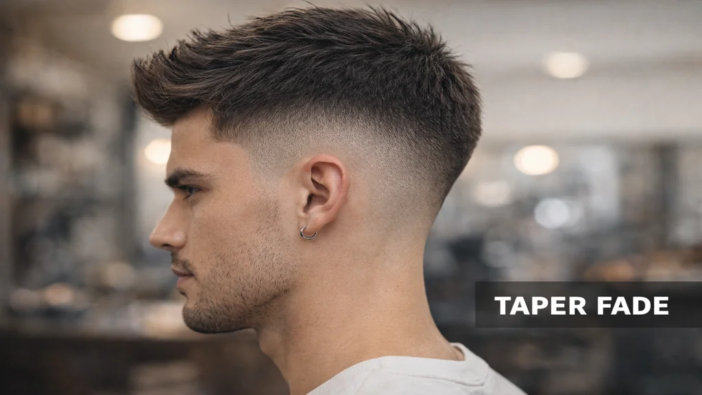 Coupe taper fade homme avec dégradé progressif naturel sur les tempes et la nuque en salon de coiffure