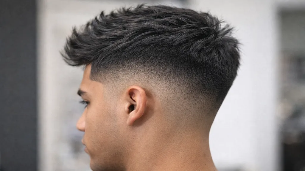 Coupe homme high taper avec dégradé haut progressif sur les côtés et volume texturé sur le dessus.