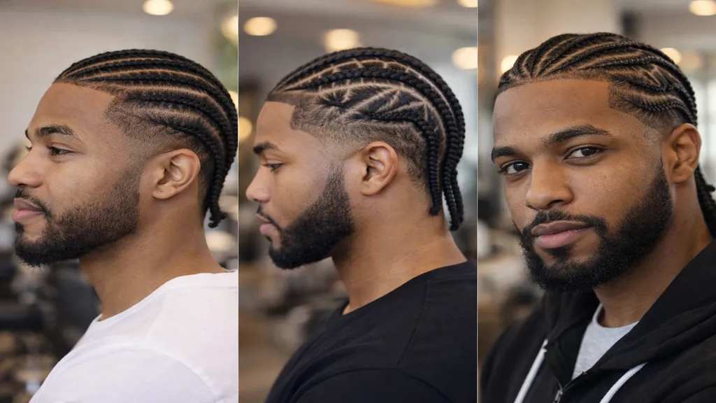 Tresses collées homme style cornrows avec motifs droits et zigzag, nattes plaquées contre le cuir chevelu en salon professionnel.