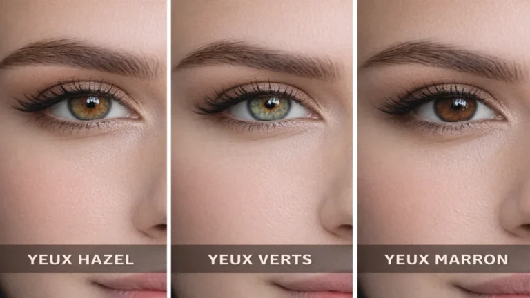 Yeux hazel noisette avec reflets verts et ambrés comparés à yeux verts et yeux marron en lumière naturelle