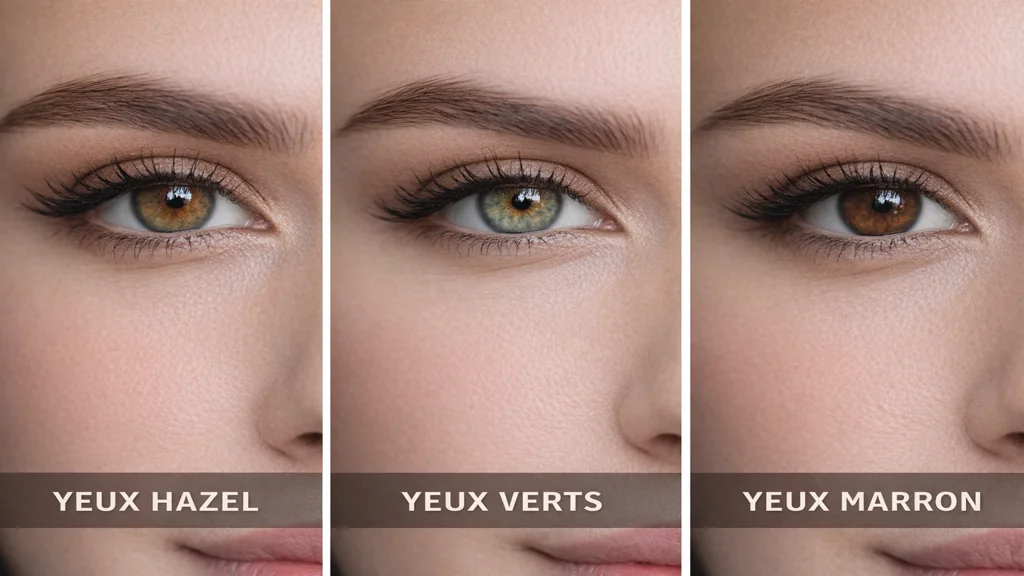 Yeux hazel noisette avec reflets verts et ambrés comparés à yeux verts et yeux marron en lumière naturelle