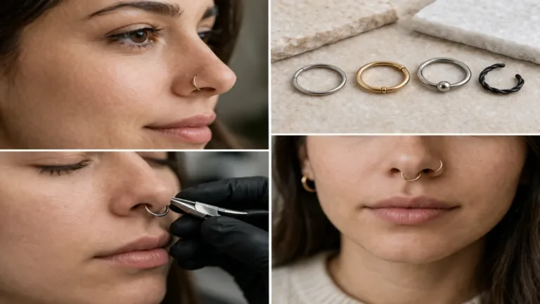 anneau nez piercing avec différents types de bijoux narine et septum portés et en situation réelle