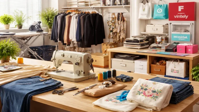 Atelier couture à Woippy avec machine à coudre, vêtements en retouche, broderie textile et espace point relais colis en arrière-plan