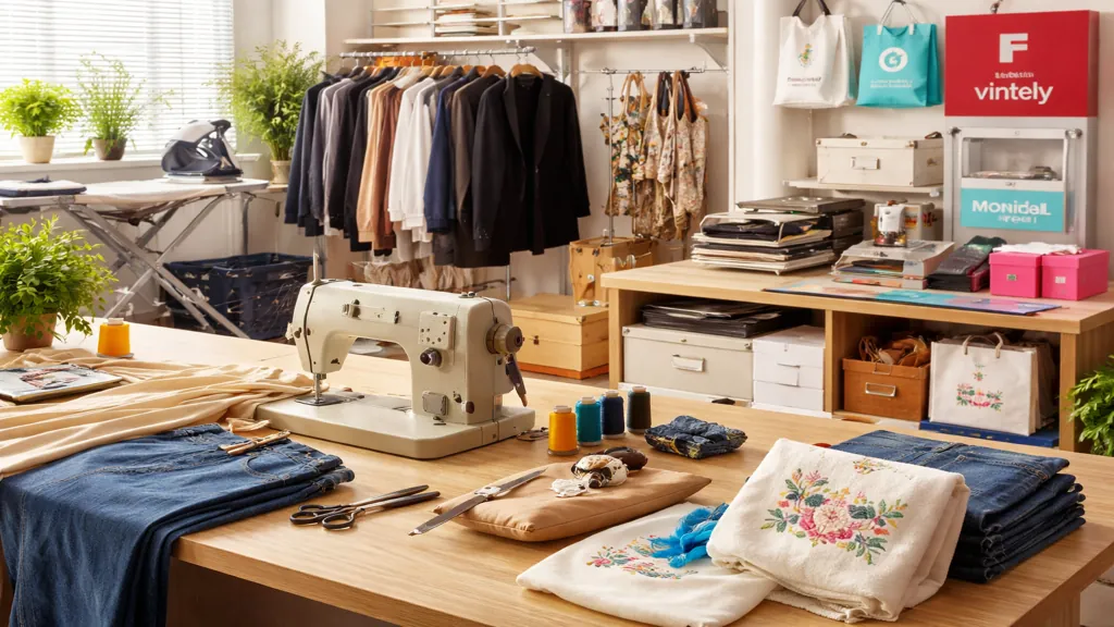 Atelier couture à Woippy avec machine à coudre, vêtements en retouche, broderie textile et espace point relais colis en arrière-plan