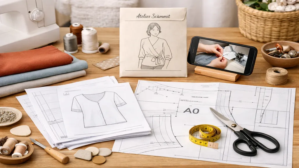 atelier scammit patrons couture pdf avec tissus, outils de couture et tutoriel vidéo sur smartphone sur table en bois lumineux