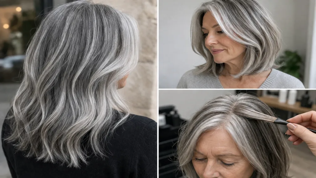balayage sur cheveux gris avec reflets cendrés et technique grey blending en salon de coiffure rendu naturel et lumineux