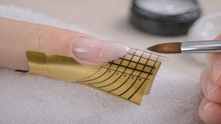 Pose d’un chablon pour ongle avec extension en gel en cours de construction sous lampe UV