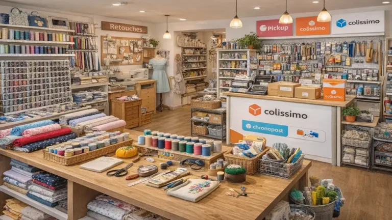 Intérieur de Clapiers Boutique avec mercerie, tissus, rayon droguerie et comptoir point relais colis au centre du village de Clapiers