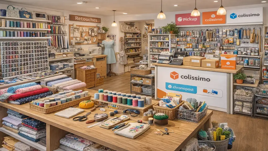 Intérieur de Clapiers Boutique avec mercerie, tissus, rayon droguerie et comptoir point relais colis au centre du village de Clapiers