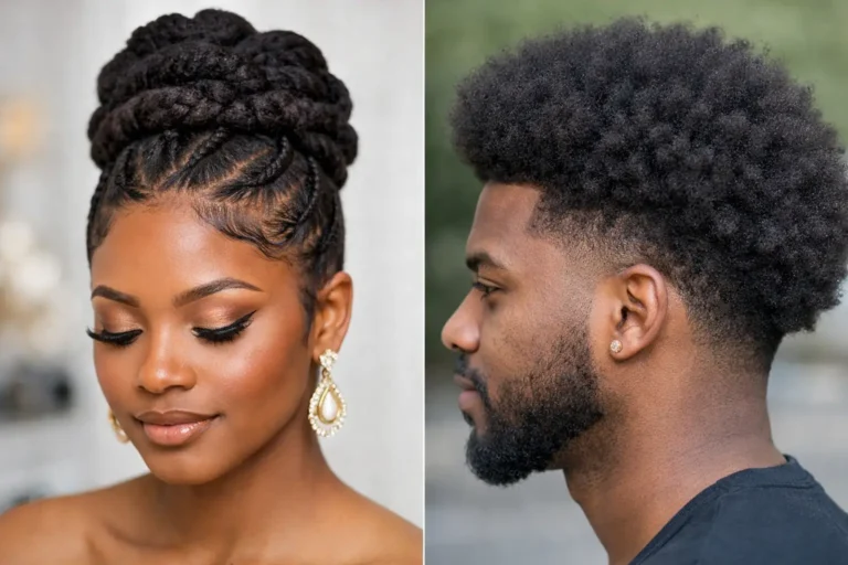 Idées de coiffures pour cheveux crépus naturels avec chignon tressé protecteur et afro structuré avec dégradé