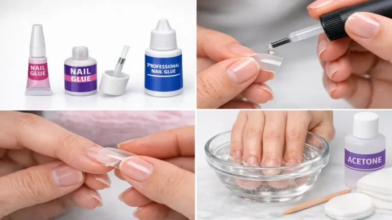 application de colle pour faux ongles avec pose de capsule et retrait dans un bain d’acétone en situation réelle