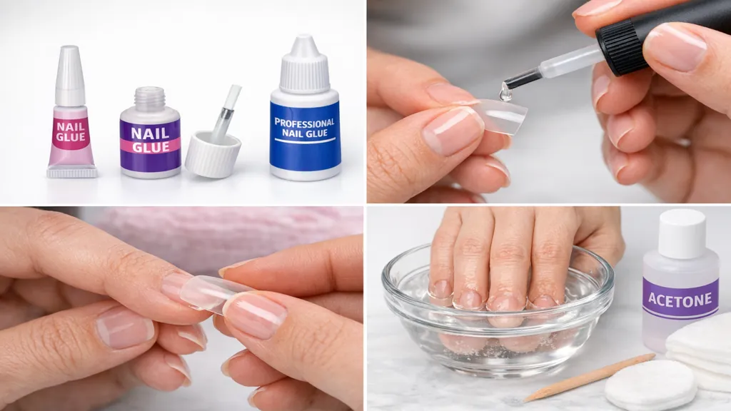 application de colle pour faux ongles avec pose de capsule et retrait dans un bain d’acétone en situation réelle