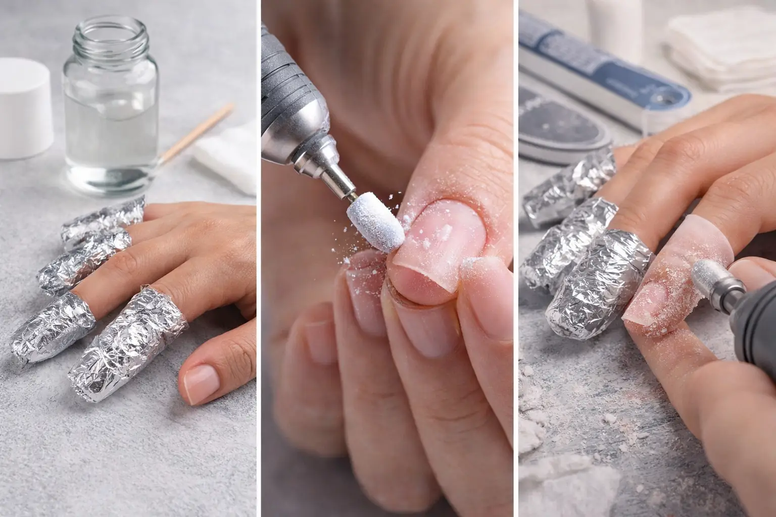 Méthodes pour enlever du gel sur les ongles à domicile avec acétone, papier aluminium et ponceuse électrique
