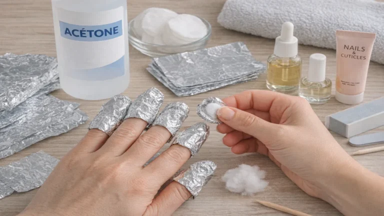 Dépose du vernis semi-permanent à la maison avec technique coton aluminium et acétone sur les ongles