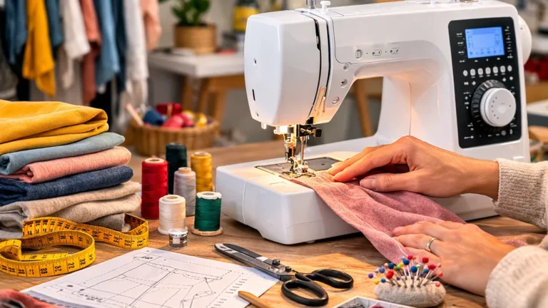 Machine à coudre moderne utilisée sur une table d’atelier avec tissu en cours de couture, bobines de fil et accessoires, illustrant un comparatif de machines à coudre.