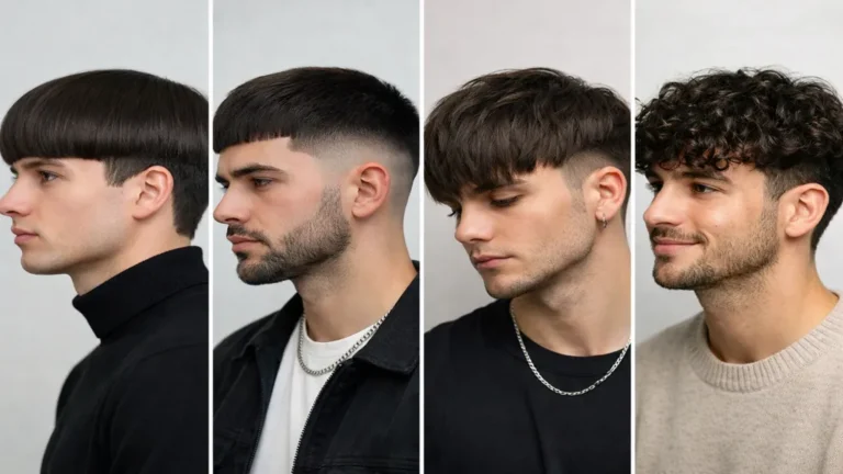 différentes variantes de coupe bol homme moderne avec dégradé, texture et cheveux bouclés en portrait réaliste