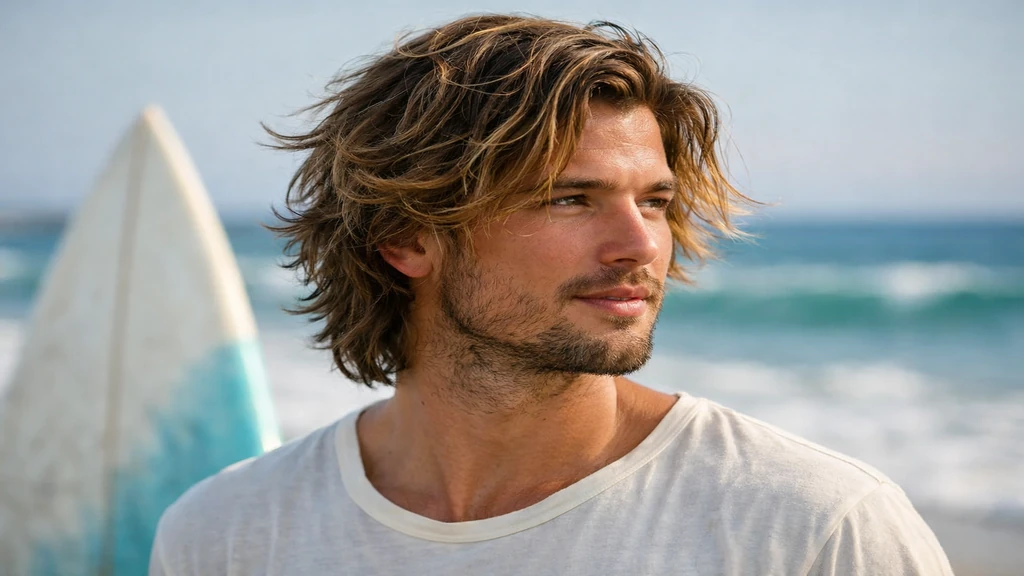 Homme avec coupe surfeur mi-longue wavy sur la plage, coiffure naturelle texturisée style surfer