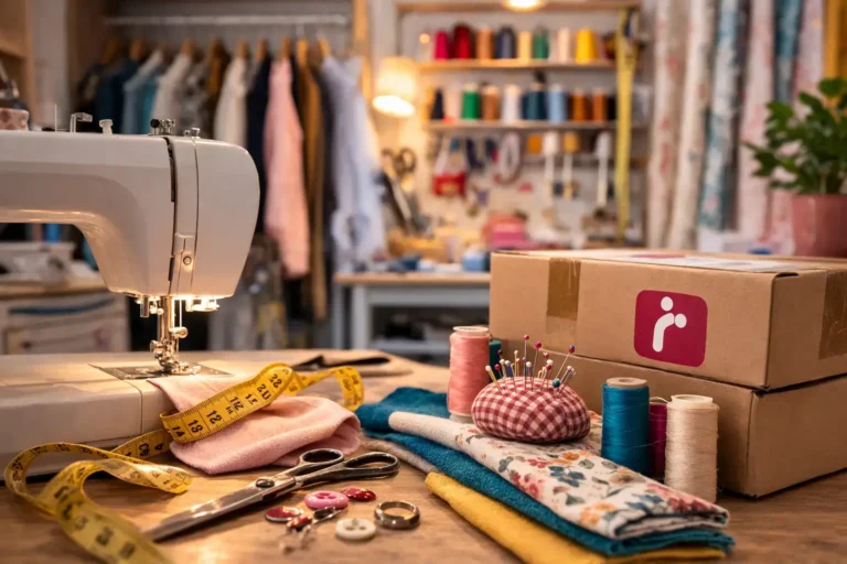 Atelier de couture à Miramas avec machine à coudre, tissus, accessoires de mercerie et colis en point relais dans une boutique de retouches locale.