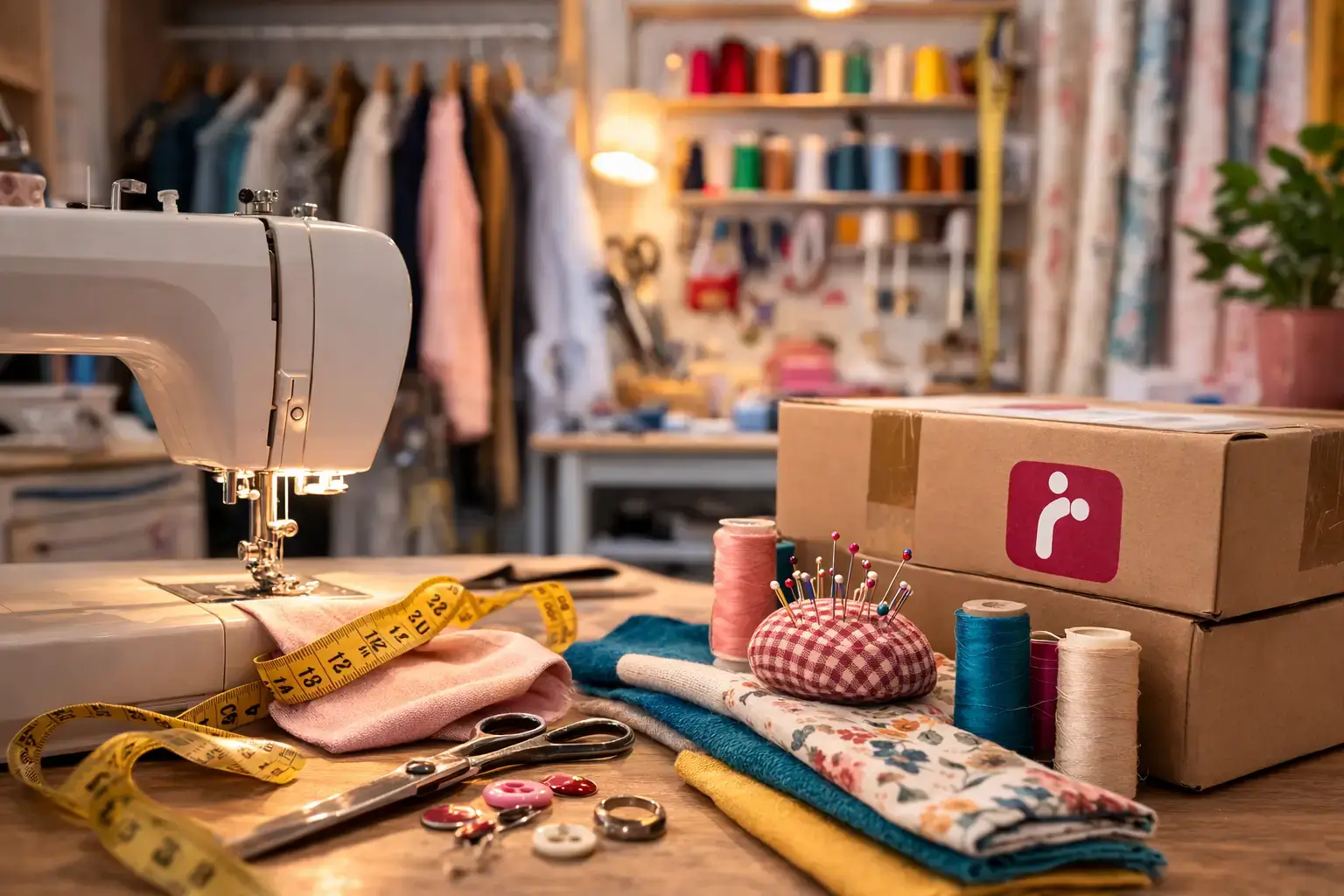 Atelier de couture à Miramas avec machine à coudre, tissus, accessoires de mercerie et colis en point relais dans une boutique de retouches locale.