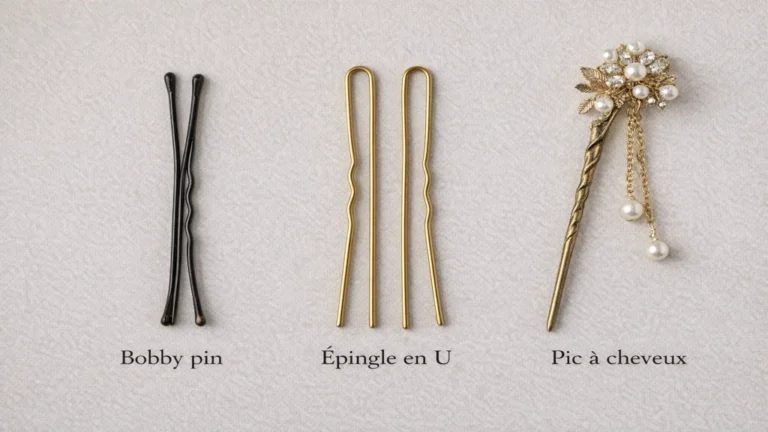 Différents types d’épingle à cheveux : bobby pin, épingle en U et pic à cheveux décoratif pour chignon