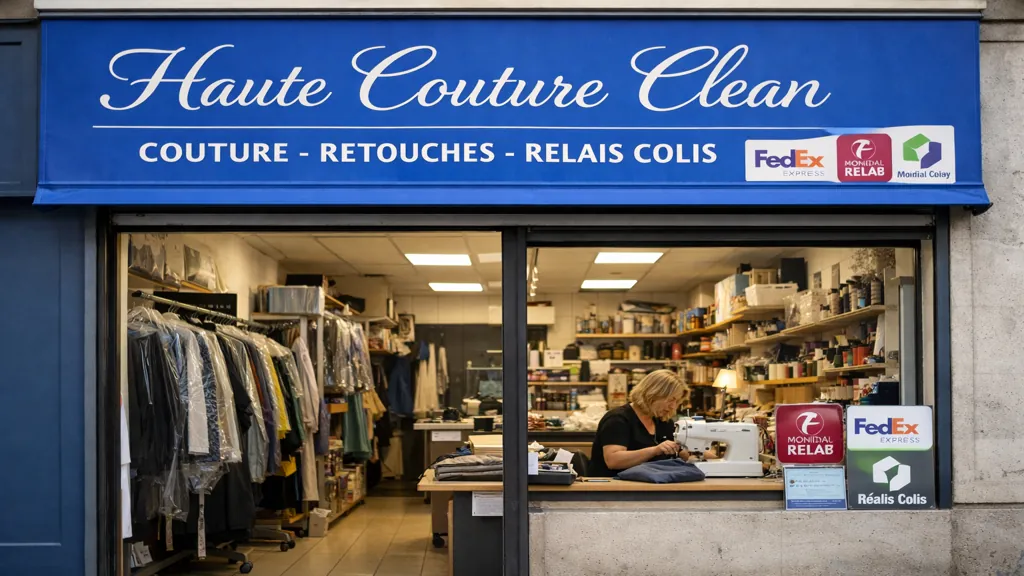 retoucherie lyon 3 haute couture clean avec atelier de couture et vêtements suspendus en boutique