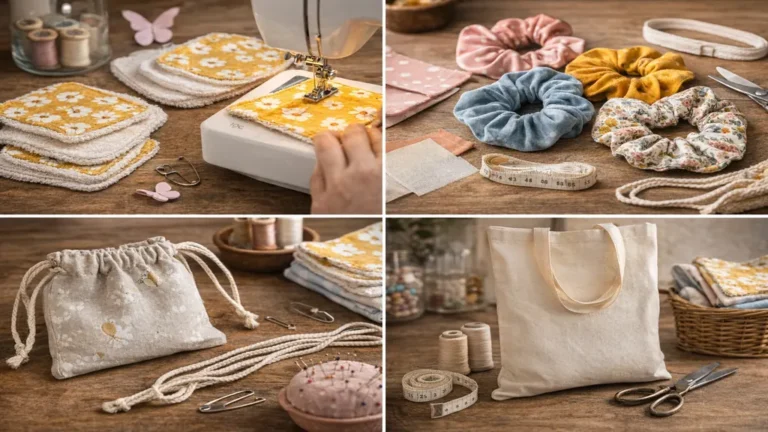 Projets couture débutant avec lingettes lavables, chouchous, pochon et tote bag réalisés à la machine avec accessoires de mercerie.