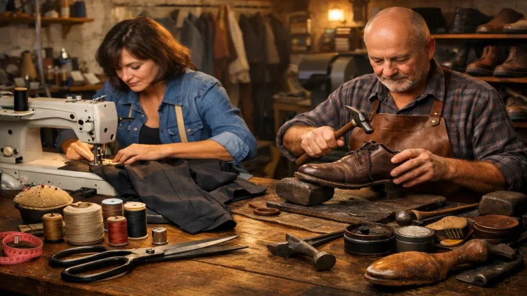Atelier de couture et cordonnerie à Margency avec machine à coudre, outils de retouche et réparation artisanale de chaussures dans un commerce local du Val-d’Oise.