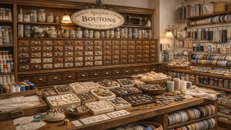 Mercerie spécialisée avec grand choix de boutons couture, fils à coudre et accessoires dans une boutique de couture appelée Maison du Bouton.