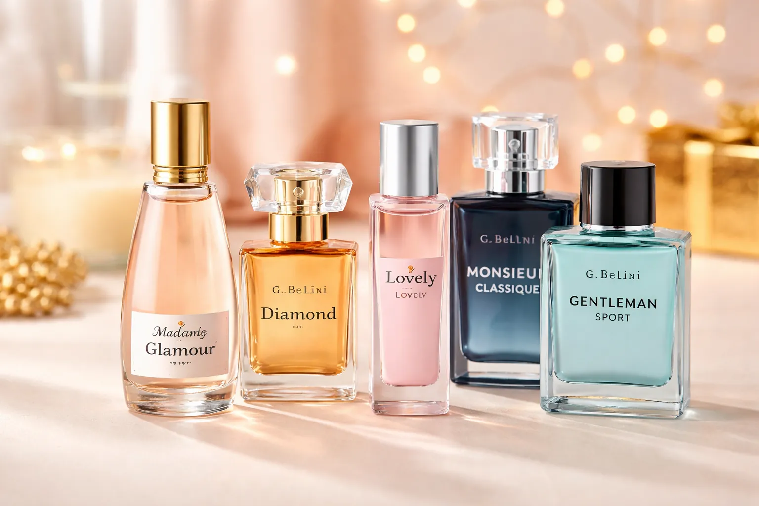 Flacons de parfums Lidl femme et homme présentés en alignement sur fond lumineux dans une ambiance élégante