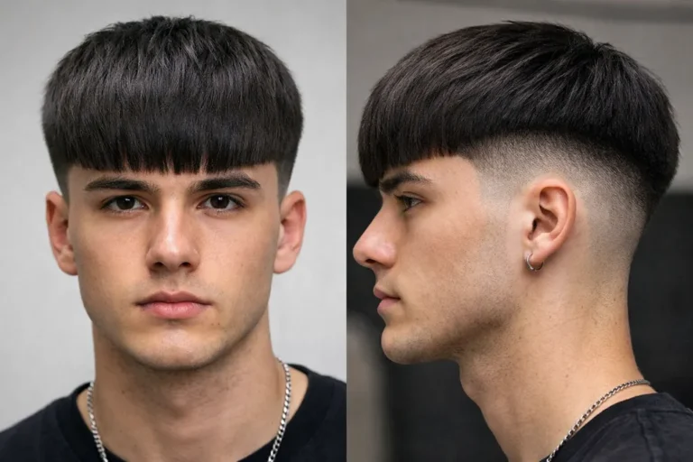 Coupe casquette homme avec frange vers l’avant et dégradé court sur les côtés, vue de face et de profil