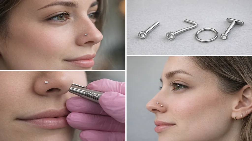 piercing nostril sur narine avec pose du bijou et différents types de bijoux nez en situation réelle