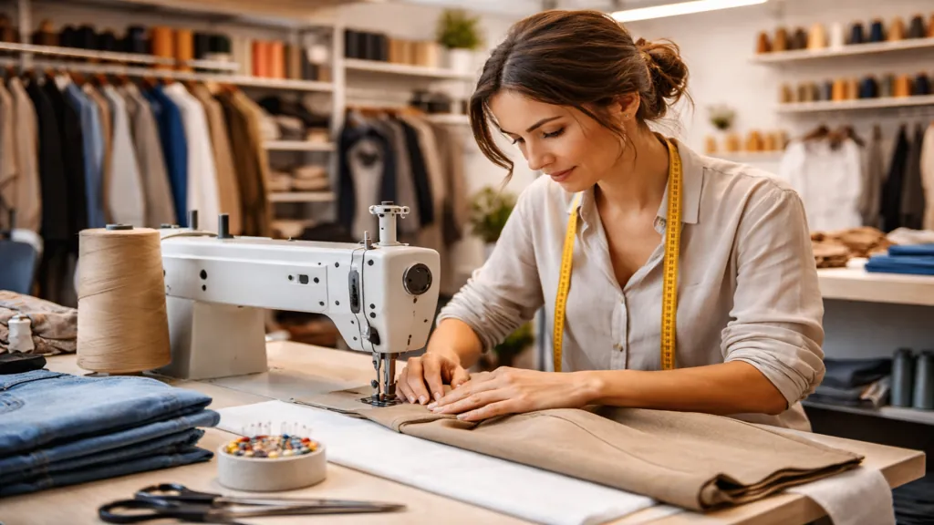 atelier de retouche couture à Nantes avec couturière travaillant sur une machine à coudre et vêtements en cours d’ajustement