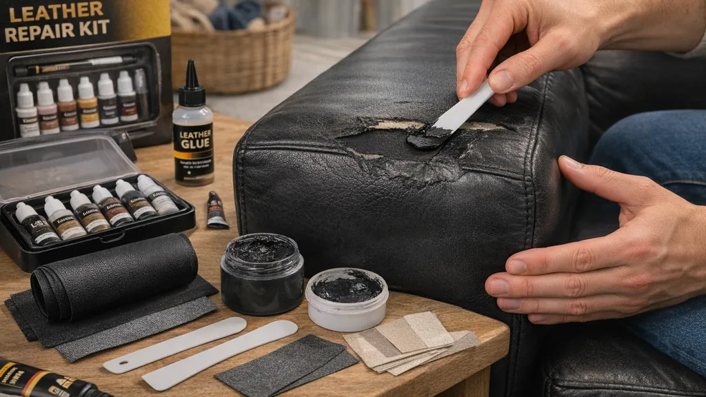 Réparation d’un accoudoir en simili cuir noir avec une pâte réparatrice et un kit de réparation (spatule, patchs et teintes) sur une table d’atelier.