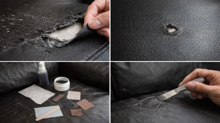 Réparation d’un canapé en skaï noir avec déchirure, trou et application de pâte réparatrice sur du simili cuir abîmé.