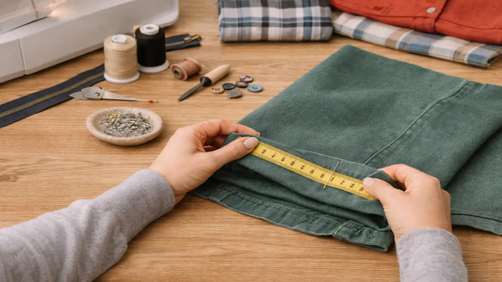 retouche couture avec ajustement d’un ourlet de pantalon sur table de couture avec mètre ruban, épingles et machine à coudre