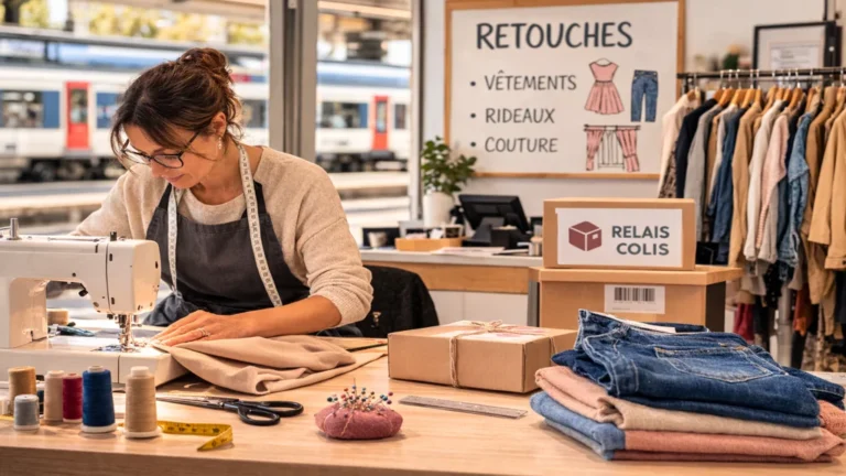 Retoucherie de la Gare avec couturière en atelier, retouches vêtements et service relais colis à proximité d’une gare SNCF