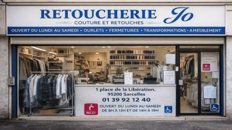 retoucherie jo sarcelles devanture atelier couture avec vêtements suspendus et couturière travaillant à l’intérieur
