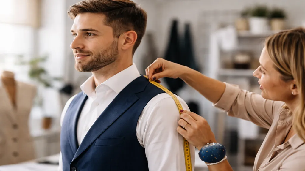 prise de mesure sur costume sur mesure par une couturière dans un atelier de couture lumineux