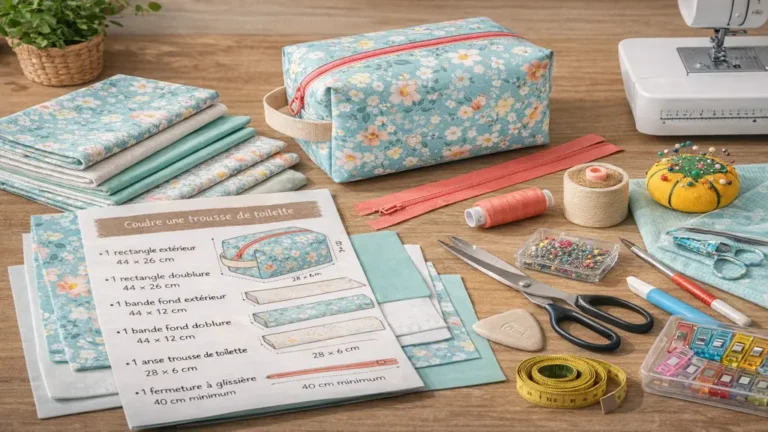 Trousse de toilette cousue main avec fermeture éclair, patron gratuit et matériel de couture disposés sur une table en bois