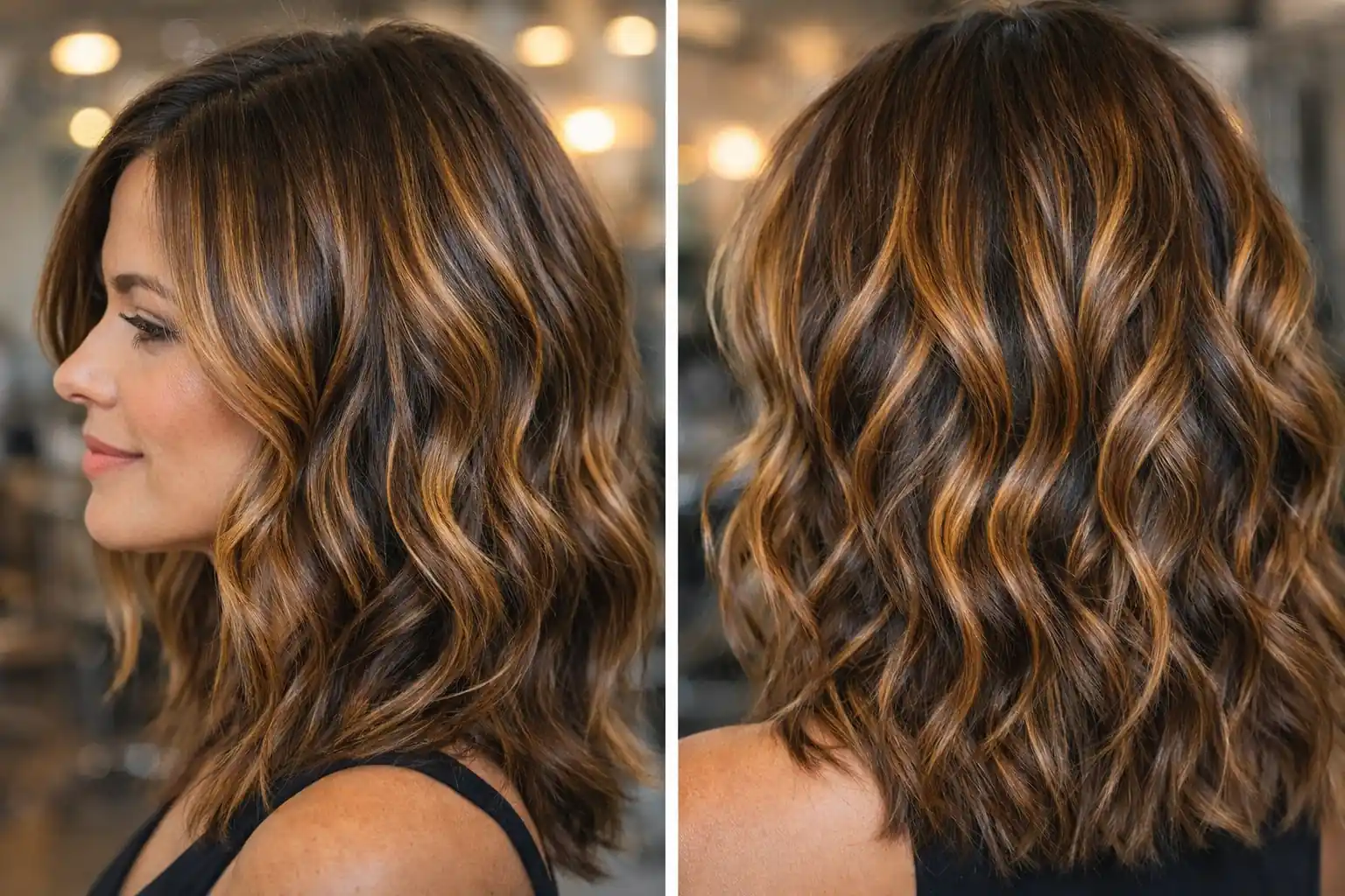Balayage caramel sur cheveux châtain avec reflets chauds lumineux et effet naturel en salon de coiffure