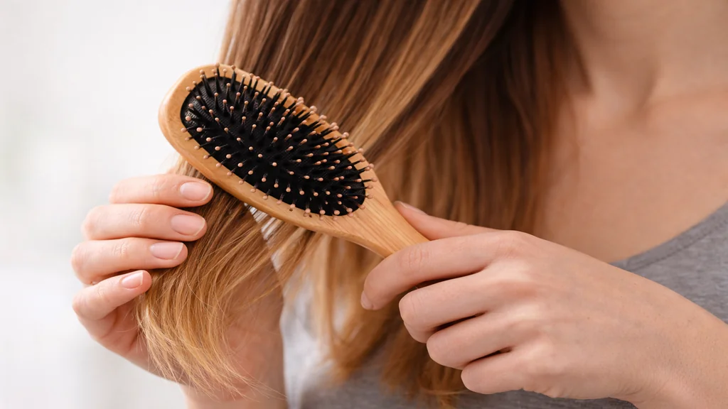 Femme en train de bien se brosser les cheveux en commençant par les pointes avec une brosse en bois sur cheveux longs