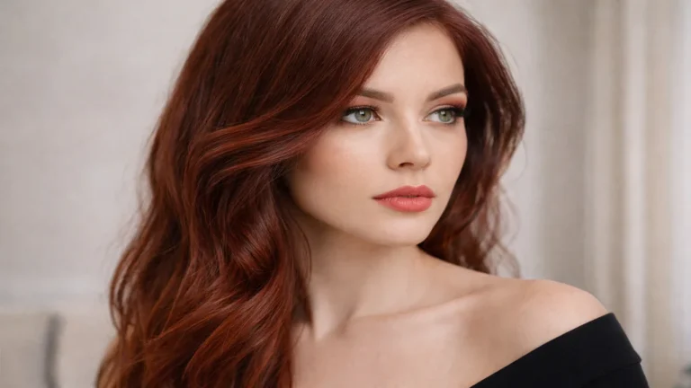 Portrait horizontal d’une femme aux cheveux couleur acajou avec reflets rouge cuivré lumineux
