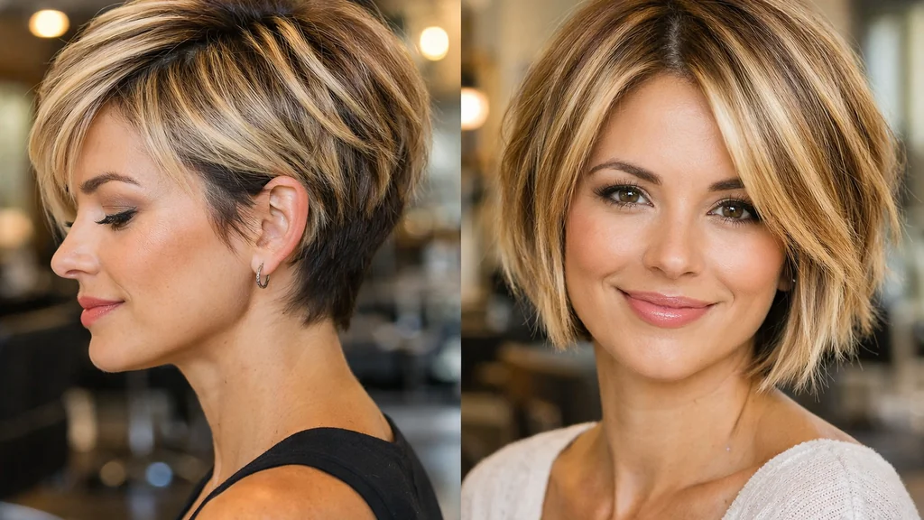 Femme aux cheveux courts méchés avec balayage blond et coupe moderne lumineuse en salon de coiffure