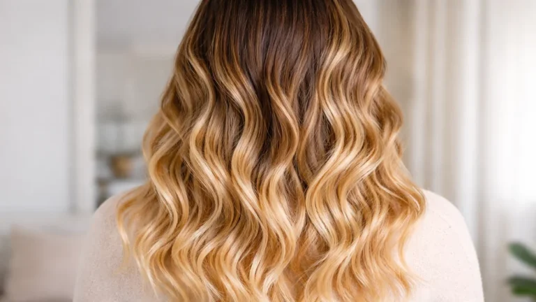 Vue arrière de cheveux longs ondulés avec ombré hair brun vers blond doré et dégradé fondu naturel